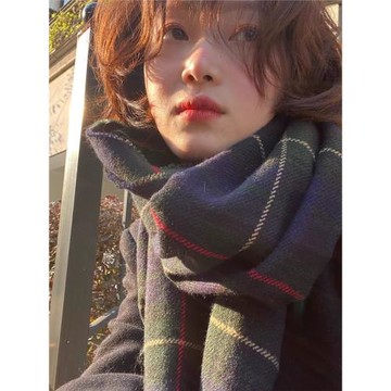 2025新款日系格子圍巾復古綠色仿羊絨女冬季學生百搭氣質格紋圍脖