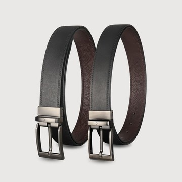 【免費升級送禮包裝】 商務型男 樹皮紋方頭旋轉金屬造型穿針式皮