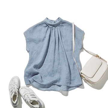 精緻質感 印花圖案 100%亞麻襯衫 法式袖襯衫 藍灰色 250803-2