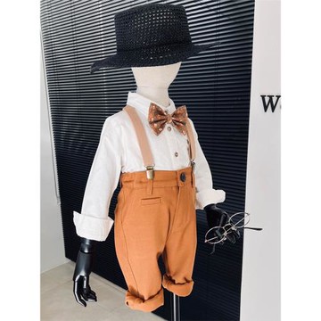 秋季新款男寶寶英倫風襯衫套裝 男童白襯衫花童演出服背帶褲西裝