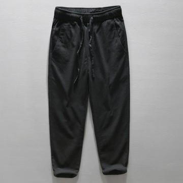 夏季簡約復古休閑九分褲男直筒寬松緊腰抽繩薄款純色棉麻布料褲子