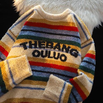 美式復古字母提花條紋圓領毛衣女2025冬季慵懶風軟糯針織衫上衣秋