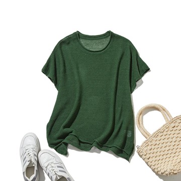 四季皆宜 坑紋編織亞麻棉針織衫 綠色 250703-3