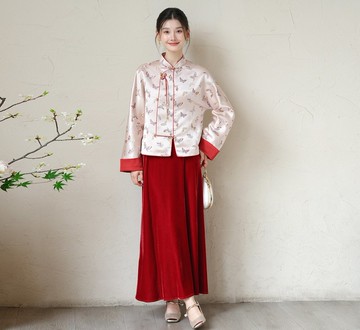 【淺盈粉】新中式復古中國風 高貴提花短外套/半裙