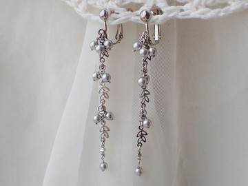 花草風　水晶珍珠　施華洛世奇元素　夾式 耳環 (一對)