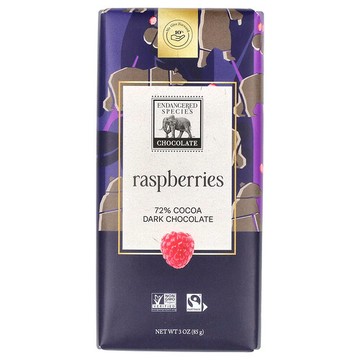 Endangered Species Chocolate, 酸覆盆子+黑巧克力塊，72% 可可，3 盎司（85 克）