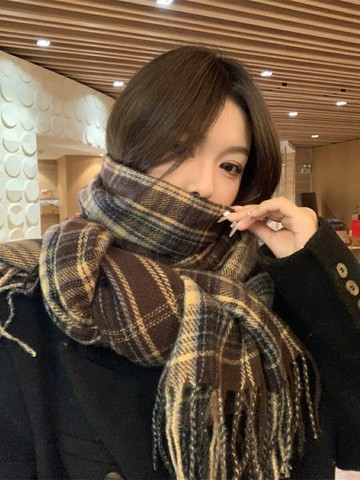 新款美拉德圍巾女款秋冬季韓版百搭格子情侶咖啡色圍脖男保暖