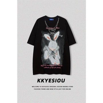 KKyesiou慵懶風奶系兔子印花情侶短袖T恤男女嘻哈vintage情侶上衣