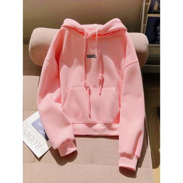 韓系粉色加絨字母短款衛衣女2025新款秋冬慵懶風小個子連帽衫上衣