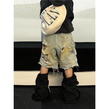 Start美式高街做舊黃泥破洞七分牛仔褲男hiphop百搭休閑寬松中褲