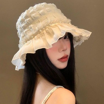限時特賣珍珠蕾絲邊漁夫帽女夏季薄款透氣顯臉小水桶帽戶外遮陽防曬帽子