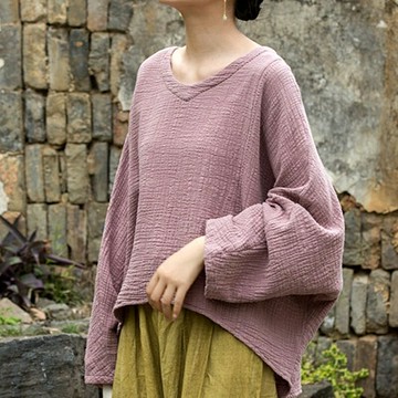 現貨+預購 新中式T恤棉麻上衣手工亞麻短袖襯衫夏季女裝大尺碼-長袖肌理V領女上衣3色74lw77  【獨家進口】【米蘭精品】