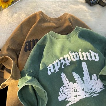 短袖夏季男款美式復古蠟染印花重磅t恤水洗做舊速干五分袖上衣潮