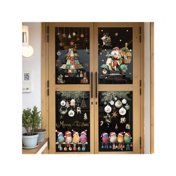 2026圣誕節靜電玻璃窗貼圣誕樹禮盒星星裝飾貼畫彩燈松枝小鳥貼畫