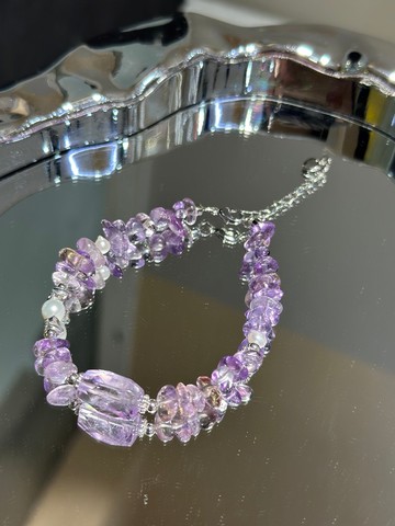 天然紫水晶隨形手鏈 規格7-9公釐左右 搭配天然珍珠 紫水晶