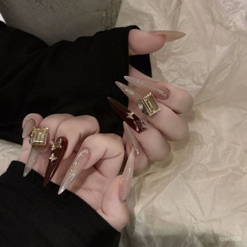 ✨Hannah✨手工穿戴甲秋冬美拉德複古紅甲片立體蝴蝶高級感氛圍方鑽氣質美甲純手工穿戴甲 9AOI