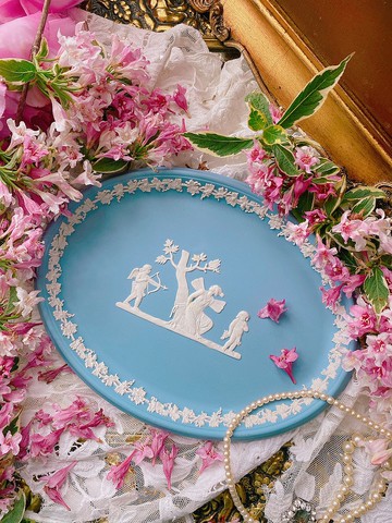 英國骨瓷Wedgwood jasper 藍色碧玉浮雕愛神丘比特托盤 飾品盤