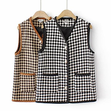 麗莎熊 LisaBear 大尺碼編織格紋小香風馬甲雙口袋圓釦背心 XL~4XL 兩色可選