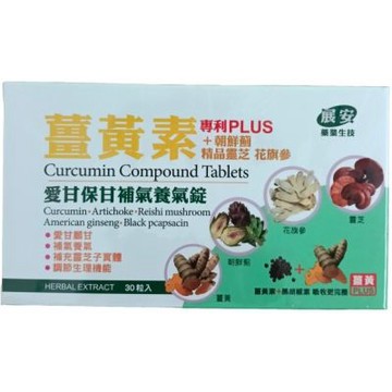 展安藥業生技薑黃素（專利PLUS）+朝鮮薊 精品靈芝 花旗蔘 愛甘保甘，補氣養氣錠一盒30粒錠