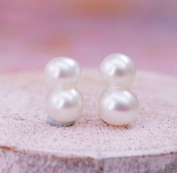 孿生 - 6x9mm 花生形 白色 珍珠 銀電18K白金 耳針 耳環