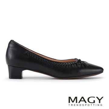 MAGY 優雅蝴蝶結真皮低跟鞋  黑色  #  16231