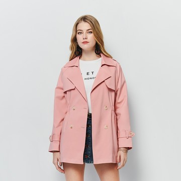 【官網限定】HONOR法式翻領收腰排釦風衣-粉紅