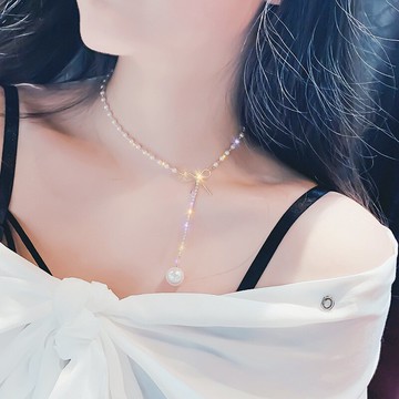 水晶蝴蝶結項鏈珍珠鎖骨鏈女個性脖子飾品項圈頸帶短款頸鏈