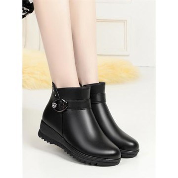 皮嘟嘟鞋店百搭女鞋秋冬真皮休閑棉鞋加絨保暖皮靴平底媽媽短靴子