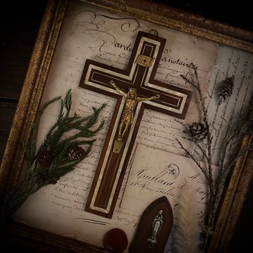 法國老件實木崁銅 鍍金苦架十字架