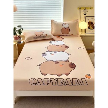 卡皮巴拉兒童全棉床笠可愛卡通水豚床包床墊保護套子100%純棉床罩