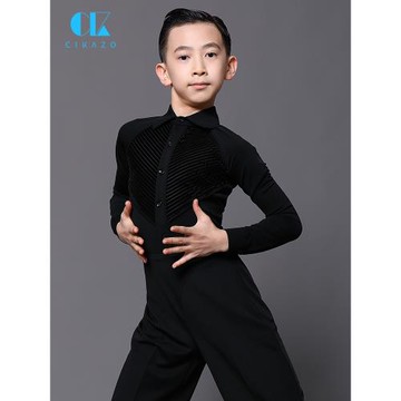 茜卡索 男童拉丁舞服秋冬舞蹈服上衣男生長袖比賽練功服訓練G5029