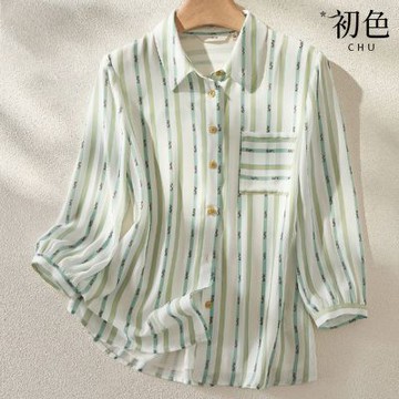 初色 時尚條紋字母印花撞色鈕扣輕薄透氣翻領長袖休閒襯衫上衣女上衣-綠色-12728(M-2XL可選)