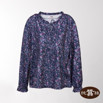 【岱妮蠶絲】透氣舒適蠶絲女荷葉領綁帶側邊開岔上衣-圓形小葉-紫藍(WWL6BT01)