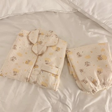 韓版可愛考拉長袖睡衣 秋冬季新款空氣棉睡衣 女生睡衣 開扣睡衣 兩件套 長袖長褲加厚保暖睡衣套裝 寬鬆舒適 居家服