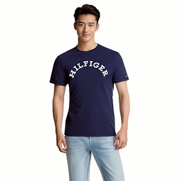 TOMMY 熱銷刺繡文字Logo圖案短袖T恤-麻花深藍色