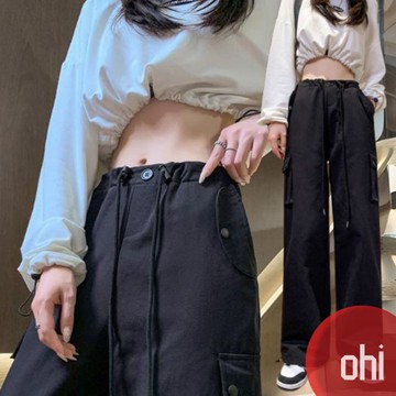 【ohi】水洗全棉 美式工裝褲 寬鬆直筒工裝褲休閒褲 運動褲 闊腿褲 百搭休閒褲 長褲女 休閒長褲 GPS907