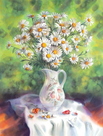 雛菊手繪水彩、手工繪畫、牆壁藝術、家居牆壁裝飾