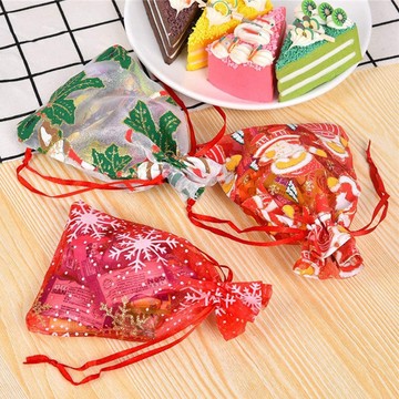 聖誕收納袋 紗布束口袋 聖誕束口袋 燙金花紋 網紗袋 禮品袋 禮物袋 抽繩袋 隨身袋 歐根纱袋 小袋子 耶誕節 聖誕節