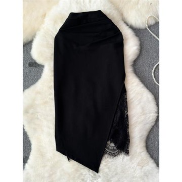 顯瘦開叉蕾絲邊拼接不規則半身裙夏新款包臀高腰大碼黑色中長裙女