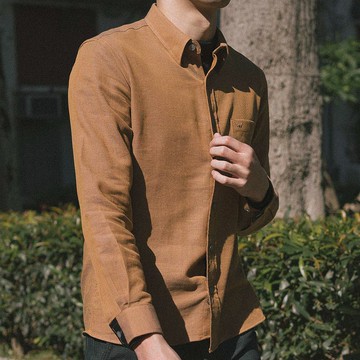 【男友禮物/免運】埃及棉素面網眼長袖男襯衫│駝色