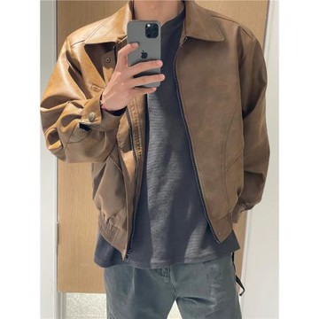 美式復古做舊翻領拉鏈皮衣外套男款秋冬季美拉德短款棕色夾克上衣