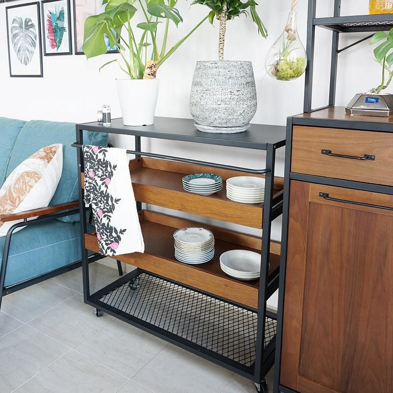 ワゴン ブラックアイアン×天然木 スタイリッシュ ワゴン ブラック