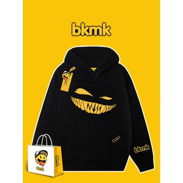 (免運)bkmk潮牌加絨惡魔笑臉印花衣服冬裝設計感新款寬松連帽衛衣男重磅