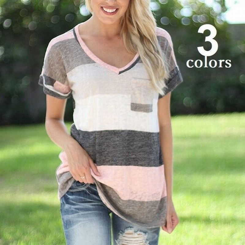 Tシャツ チュニックtシャツ ボーダー レディース トップス 半袖 Vネック チュニック丈 マルチボーダー 胸ポケット 折り返し袖 ミックスボーダー 通販 Lineポイント最大0 5 Get Lineショッピング