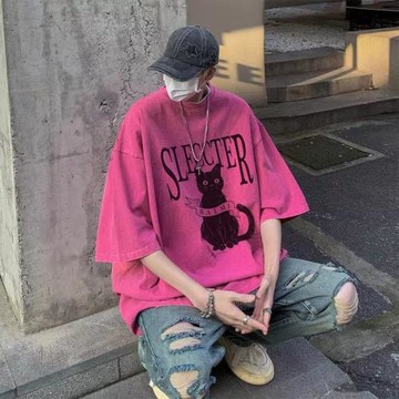 多巴胺穿搭玫紅色230g重磅t恤男水洗做舊短袖oversize美式五分袖