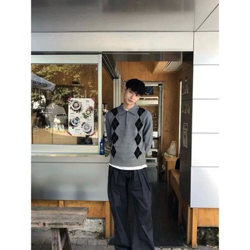 秋季新款復古知識分子學院風菱格長袖針織衫男時尚潮流毛衣男