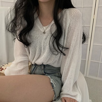 長袖針織衫女夏裝ins潮顯瘦寬松百搭慵懶V領薄款中長款上衣1入
