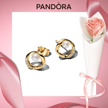Essence系列【Pandora官方直營】自然流線密鑲圓環珍珠耳環-鍍14k金 永生花束組