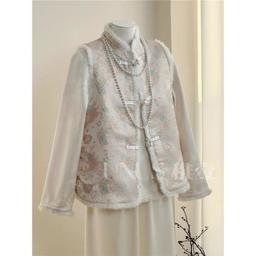 UNUS稚壹新中式棉馬甲毛邊立領盤扣國風提花加厚秋冬新款毛領背心