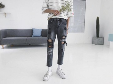FINDSENSE品牌 男 時尚 潮 街頭 時尚 個性破洞 英文印花 休閒牛仔褲 九分褲 直筒褲